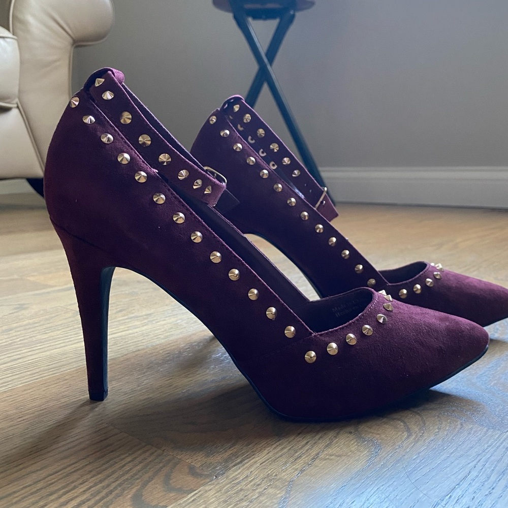 F21 burgundy heels with ankle strap